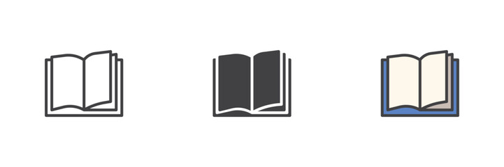 Classic open book icon set in line, solid and filled outline style