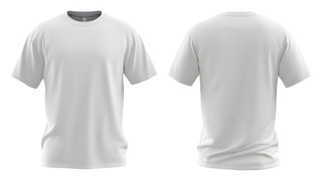 Crisp blank white t-shirt on isolated background, front and back views, perfect for graphic designs, logos, or text overlay, product mockup or e-commerce uses.