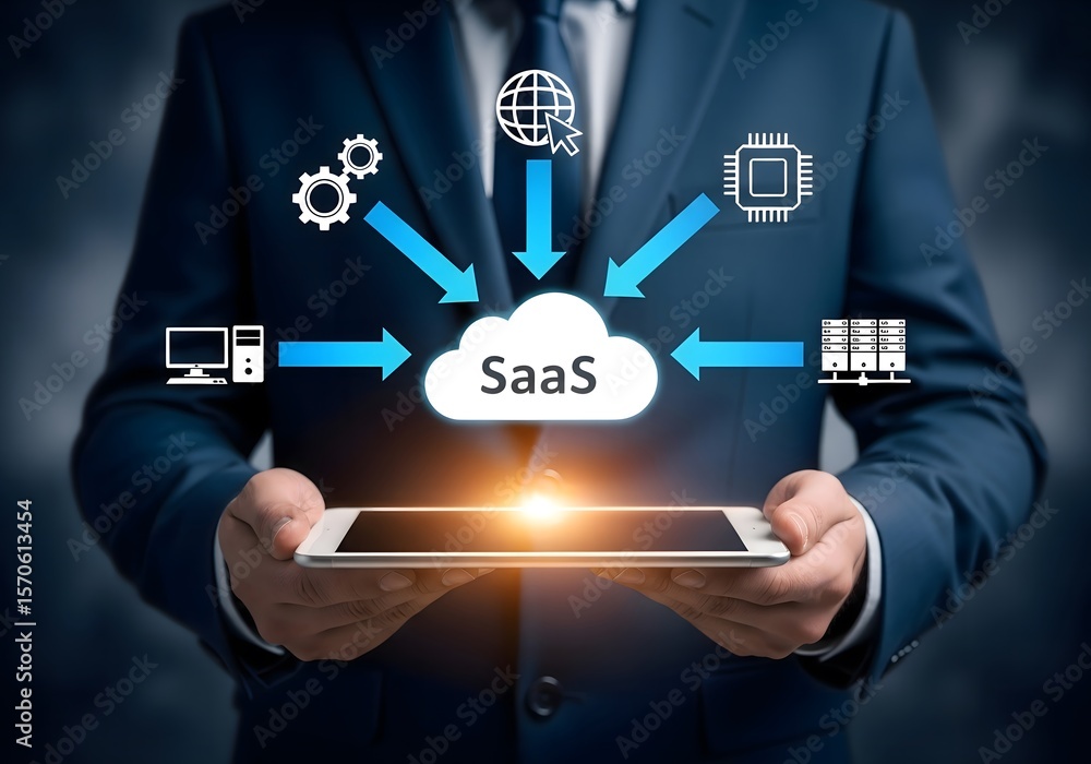 Poster man in suit holding tablet illustrating saas cloud computing concept with icons