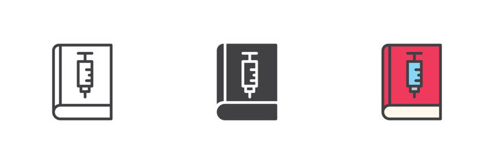 Medical injection book icon set in line, solid and filled outline style