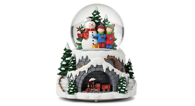 Charming Christmas snow globe featuring children, snowman, and train; whimsical winter scene; festive holiday decoration; perfect for seasonal marketing.
