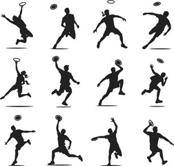 Dynamic silhouettes of men and women playing frisbee, throwing, catching, jumping, running, active outdoor sport, ultimate frisbee game, fitness, teamwork, competition, energy