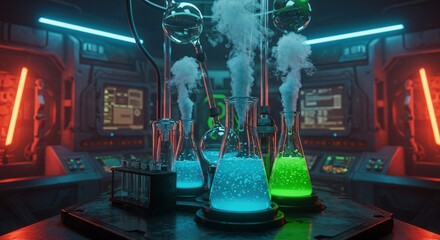 Futuristic Science Lab with Glowing Beakers and Experimental Apparatus | Research and Development Laboratory with Smoke and Vapor for Scientific Visualization and Technology Marketing