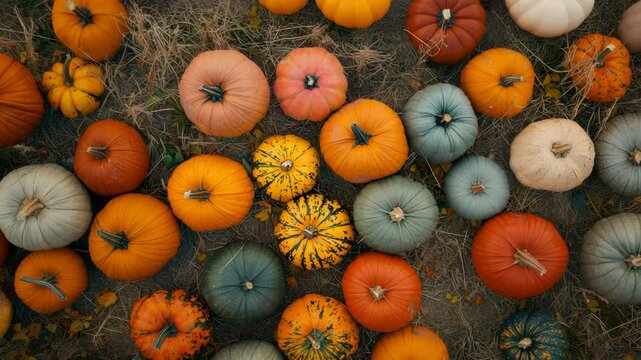 A top-down view of colorful pumpkins scattered across dry grass and autumn foliage, capturing the essence of a festive and rustic fall harvest scene.