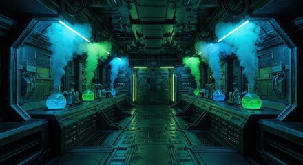 Sci-Fi Laboratory with Glowing Beakers and Toxic Smoke | Futuristic Research Facility for Science Fiction, Industrial Design, and Technology Concepts