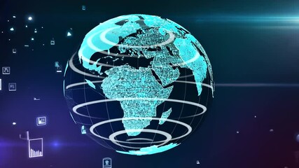 A digital globe showcasing global connectivity with data streams and technology icons in the background - Powered by Adobe