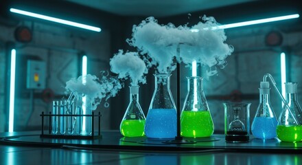 Laboratory Glassware with Colorful Liquids and Smoke | Science Experiment, Chemistry, Research, Pharmaceutical, Biotech, Education