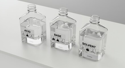 Laboratory Glass Bottles Labeled "Acid", "Base" and "Solvent" | Chemical Solutions in Clear Containers for Scientific and Educational Purposes