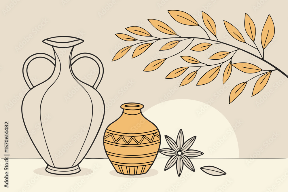 Poster elegant artistic composition with botanical elements and ancient pottery forms on a transparent back