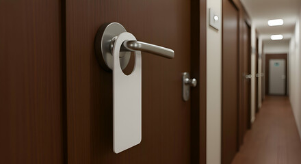 Obraz premium Hotel room door with blank doorknob hanger in a hallway. Empty tag on a door handle in a hotel corridor. Hotel guest room with empty doorknob hanger in a modern hotel.
