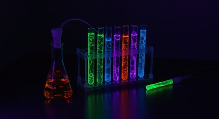 Glowing Fluorescent Liquids in Test Tubes and Beaker Under Blacklight | Science Experiment and Chemical Research for Education and Laboratory Visuals