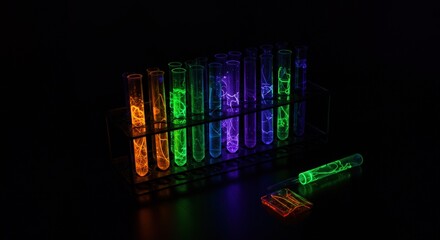 Glowing Test Tubes with Colorful Fluorescent Liquid | Science Lab Research, Chemical Experiment, and Pharmaceutical Display