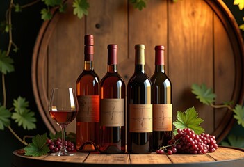 artisan wine bottles displayed rustic oak barrel backdrop vibrant winery atmosphere natural textures, wineglass, vineyard, vintage, liquid, craftsmanship