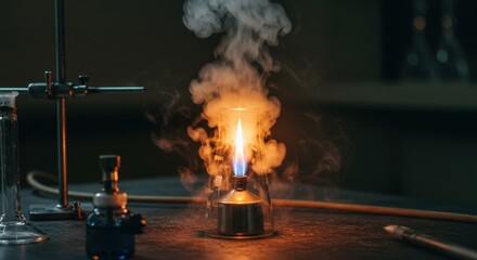 Bunsen Burner Flame with Smoke in Dark Lab | Experiment, Science, Chemistry, Education, Research and Scientific Visualization