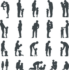 Silhouettes of parents and children in various loving and caring poses, family bonding, parenthood moments, nurturing, support, and connection concept illustration