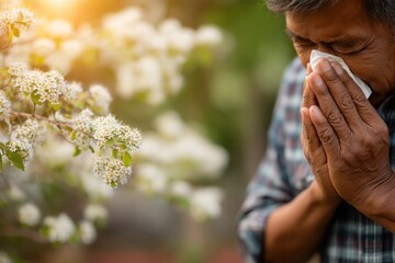 Senior man sneezes while standing near blooming flowers during spring afternoon