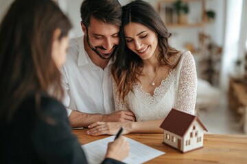 Couple signing documents with real estate agent in cozy indoor setting