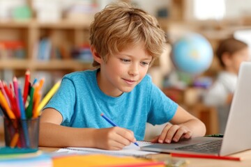 Young boy engages in online learning at home while taking notes