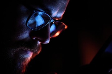Man focused on screen in dim light during late night study session