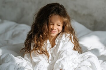 Joyful child relaxing in a cozy bed with soft white blankets in a bright room