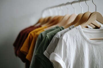Colorful collection of t shirts hanging on wooden hangers in a cozy indoor setting