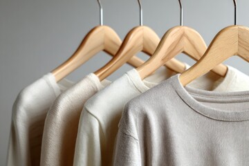 Cotton sweaters displayed on wooden hangers in a neutral toned setting