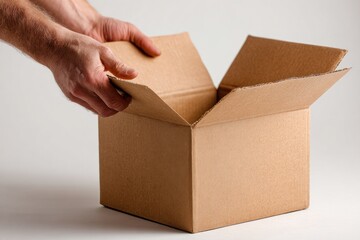 Unpacking a cardboard box in a well lit indoor setting