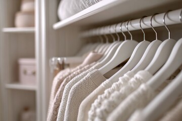 Elegant closet organization featuring soft knitwear and pastel accessories