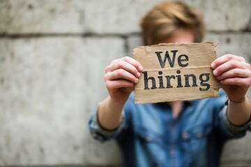 Job opportunity announcement held by a person in a denim shirt against a concrete wall