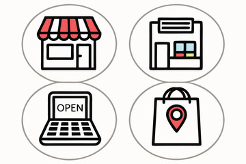 Four Circular Shopping Icons Representing a Physical Store, Online Ordering, Open Status, and Store Location with Shopping Bag