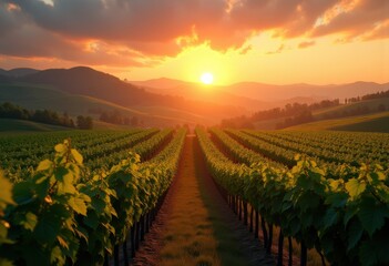 Fototapeta premium beautiful vineyard rows sunset valley landscape glowing grapevines elegant nature serenity greenery harvest row, field, scenery, tendrils, fruit, plantation
