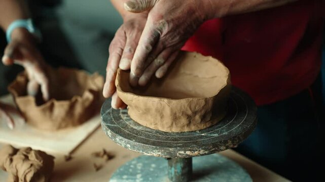 A close-up of an artisan potter's hands using a traditional hand-building technique to pinch and shape a rustic bowl from a lump of clay on a banding wheel in a workshop.