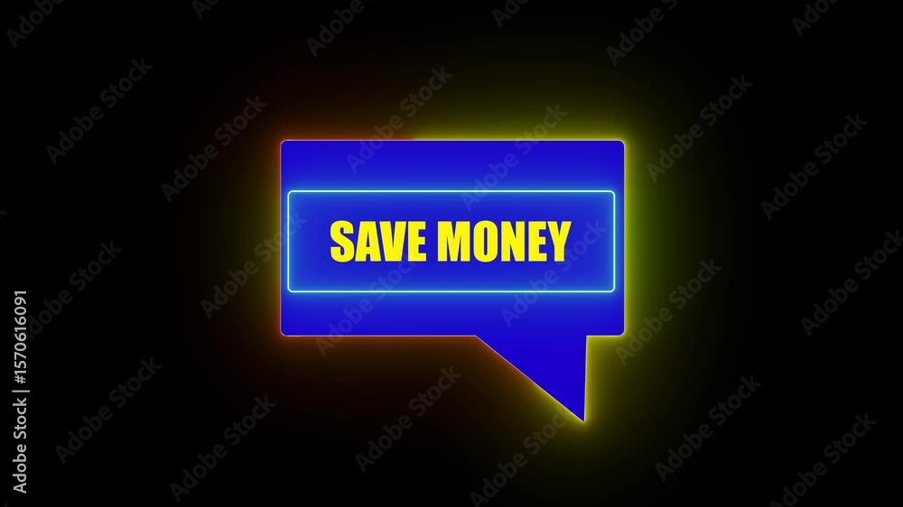 Poster save money , is displayed in inside message icon neon border animated on black background. 4k video 