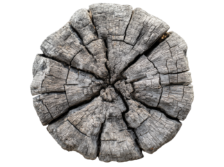 Weathered cross section of an old tree trunk, Isolated On White, Png, Transparent Background