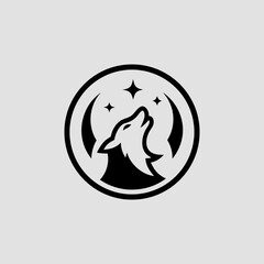 Majestic Wolf Howling at Moon, Night Sky, Starry Logo Design