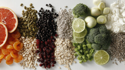 vibrant display of organic superfoods including fresh fruits vegetables and grains arranged aesthetically on clean