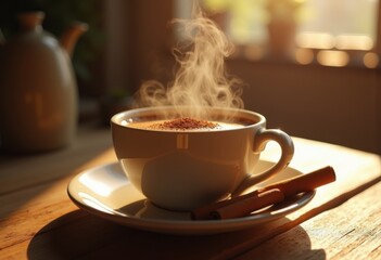 close steaming coffee cup aromatic cinnamon deliciousness morning comfort beverage indulgence serenity, hot, fragrant, sipping, drinking, breakfast, cozy