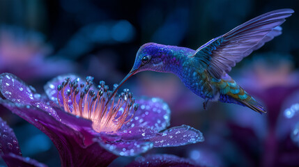 Colorful Hummingbird Drinking Nectar from Vibrant Flower in Fantasy Garden – Ultra Realistic Macro Wildlife Scene