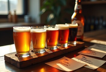 colorful craft beer flight tasting notes artisan experience brewery variety ales lagers stouts flavors palette sensory adventure, cider, suds, beverage, sampler