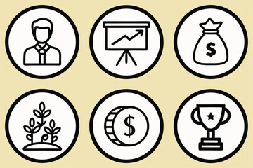 Business growth and success icons including person graph money bag plant coin and trophy