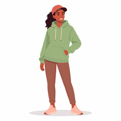 Obraz premium Woman in a green hoodie brown pants and a cap standing with a hand in her pocket