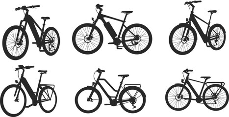 Set of six black electric bike silhouettes, modern e-bikes with battery packs, mountain and city styles, isolated vector icons, eco-friendly transportation concept