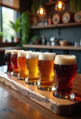 colorful creative craft beer flight tasting stylish glassware artisanal brews vibrant hues refreshing experience brewing culture, brewery, liquid, fermentation, foam
