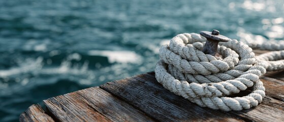 The rope coiled on a weathered dock with tranquil water in the background.