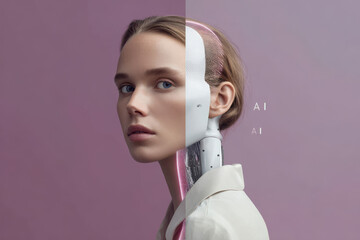 halfportrait with human on purple background robot side on white with transparent faceplate showing digital matrix