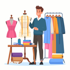 A tailor stands amidst a sewing studio flanked by mannequins and garments on a rack