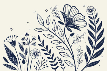 Elegant botanical illustration featuring floral and leaf designs in dark blue perfect for invitations or decorative backgrounds