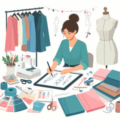 A fashion designer is sketching clothes on a tablet with a sewing machine and fabrics on the desk and clothes on hangers