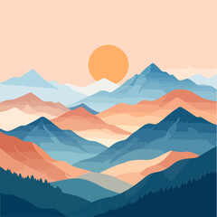 Naklejka premium Mountain landscape with layered blue orange peaks under an orange sun in a light peach sky Coniferous trees at the bottom