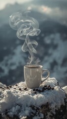 Steaming Coffee Mug on Snowy Mountain Peak image